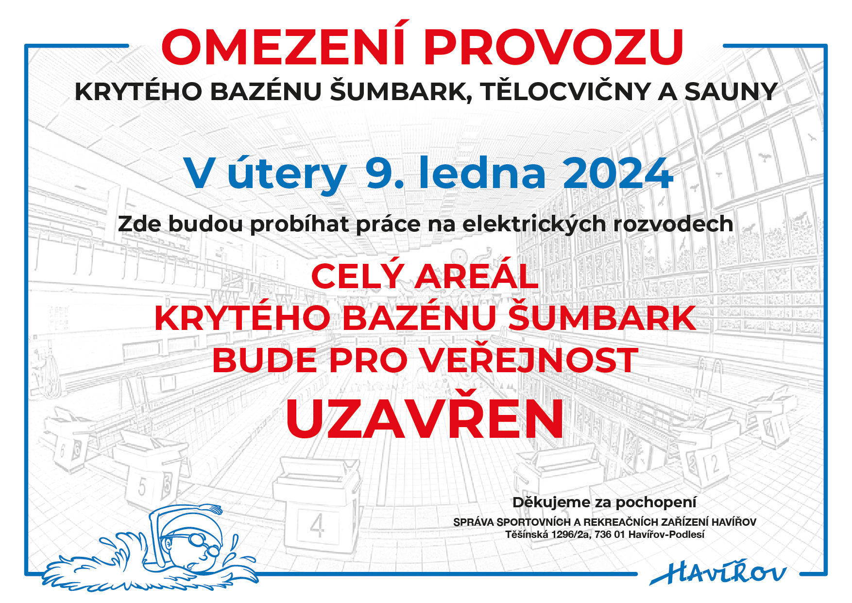 Omezení provozu budovy Krytého bazénu Šumbark dne 09.01.2024